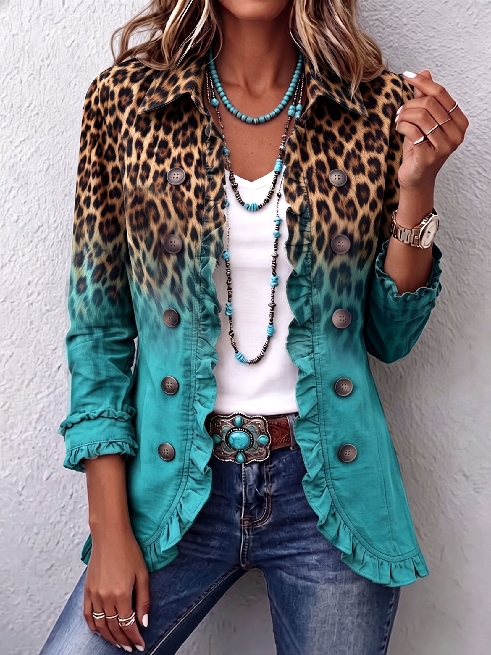 BÉATRICE | BLAZER LEOPARDATO SFUMATO TURCHESE CON VOLANT