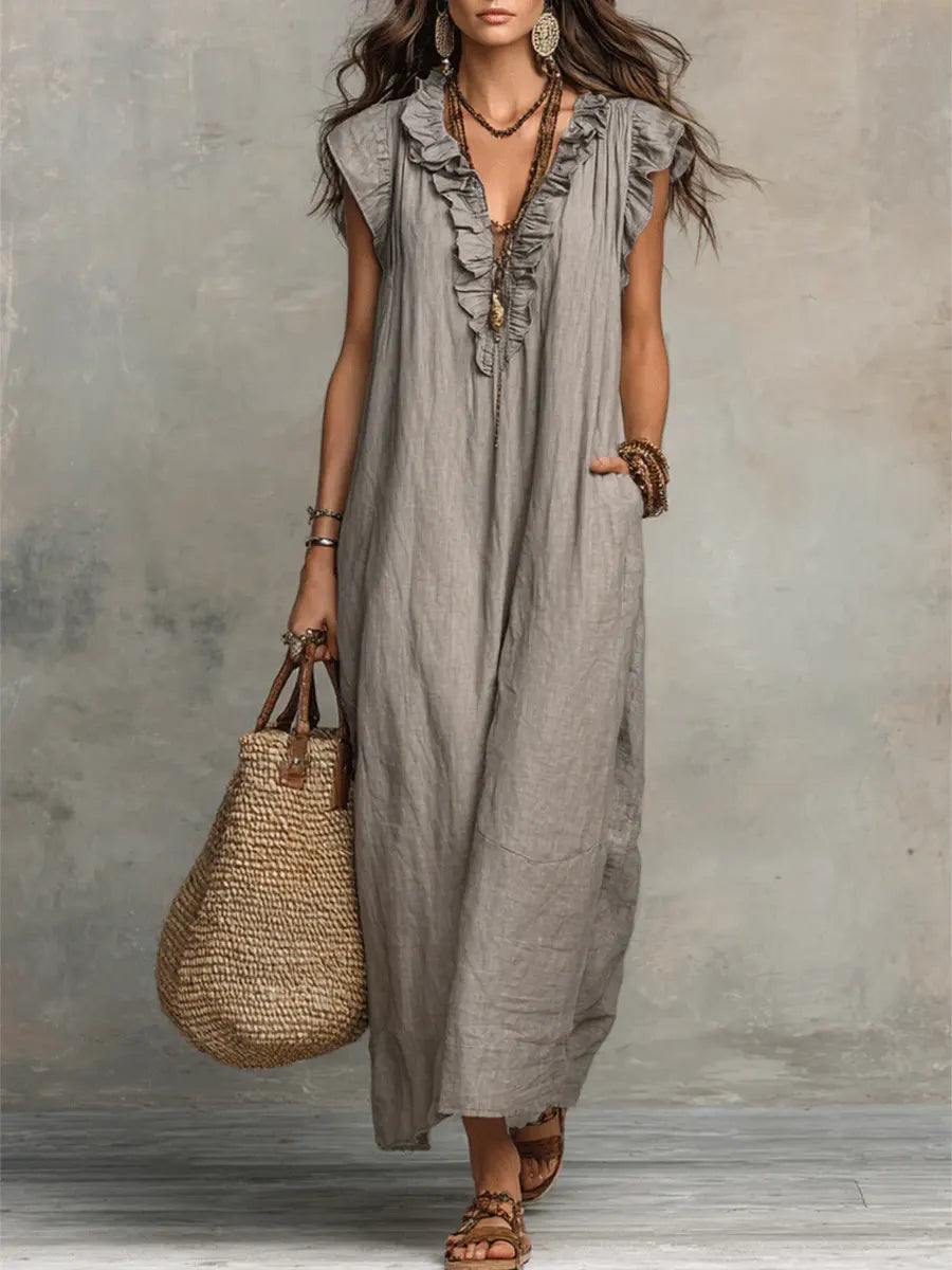 CAMELIA | VESTITO MAXI BOHÉMIEN CON SCOLLO A V
