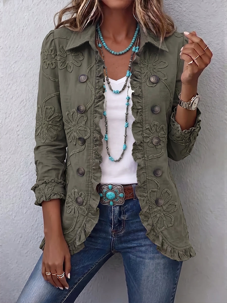 ALEXANDRINE | GIACCA BOHO-CHIC RICAMATA DI FIORI VERDI RETRÒ E FINITURE ARRICCIATE