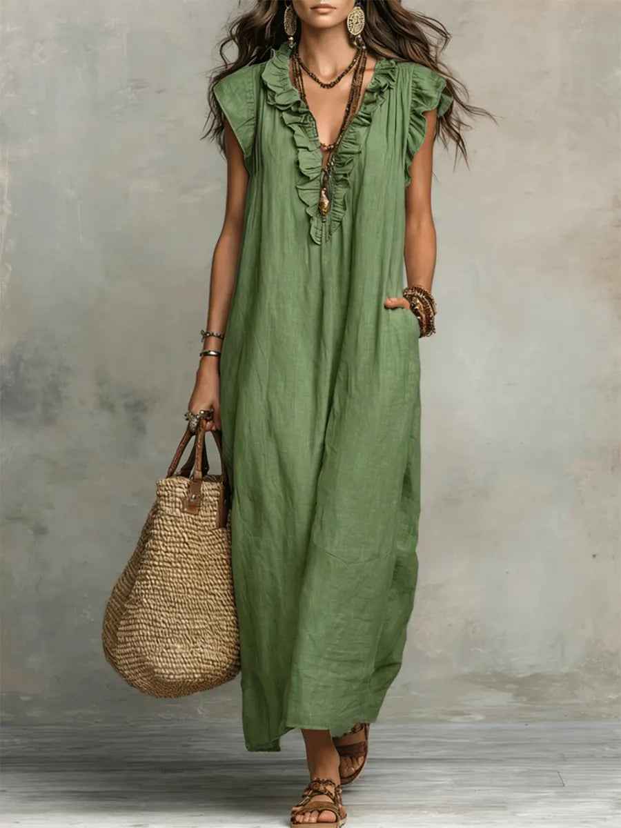 CAMELIA | VESTITO MAXI BOHÉMIEN CON SCOLLO A V