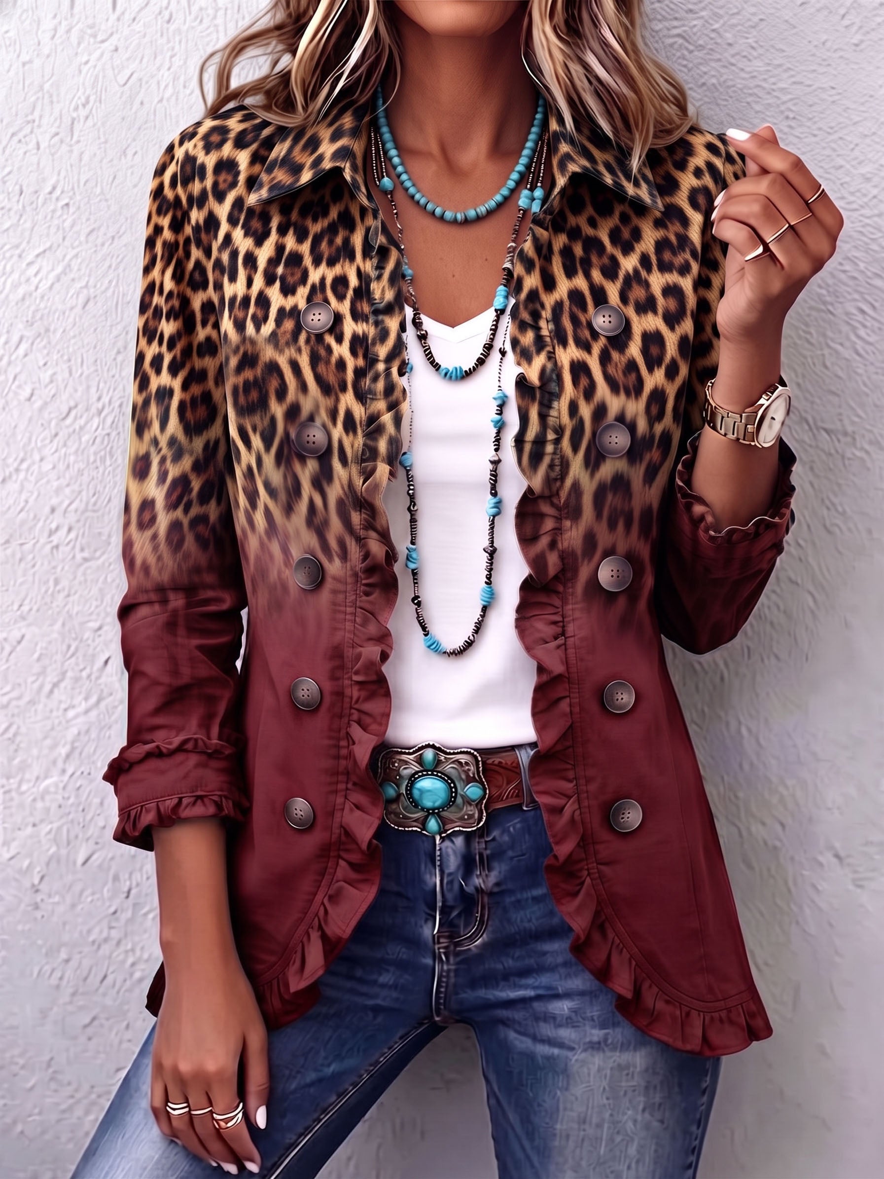 BÉATRICE | BLAZER LEOPARDATO SFUMATO TURCHESE CON VOLANT