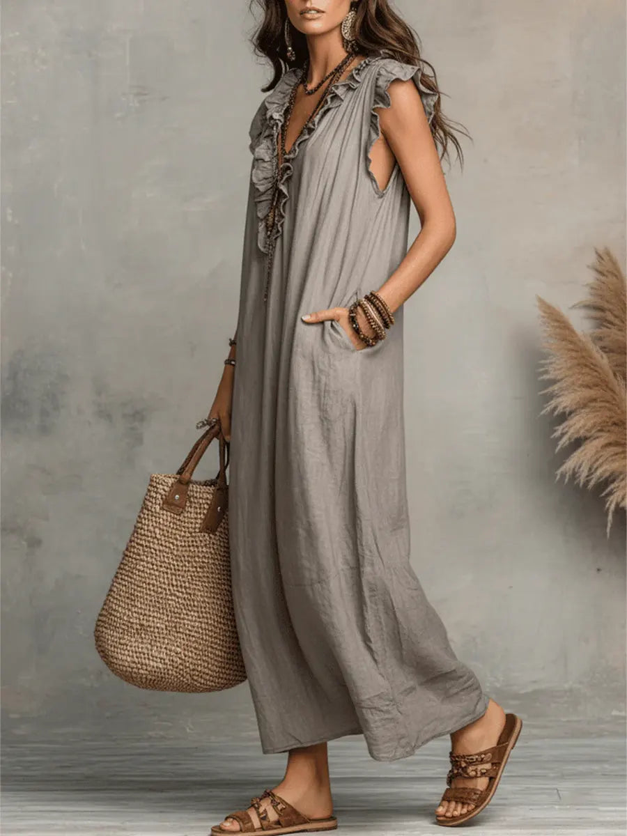 CAMELIA | VESTITO MAXI BOHÉMIEN CON SCOLLO A V
