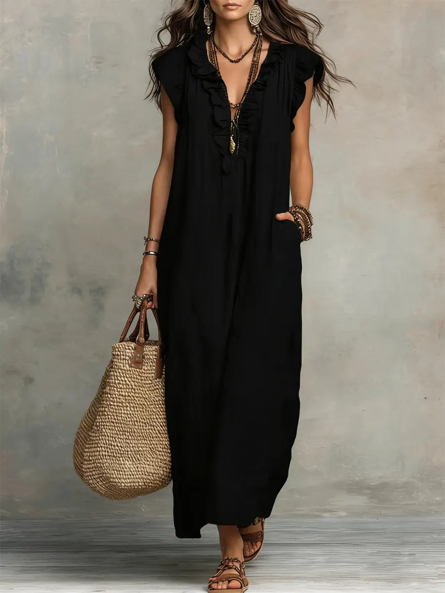 CAMELIA | VESTITO MAXI BOHÉMIEN CON SCOLLO A V