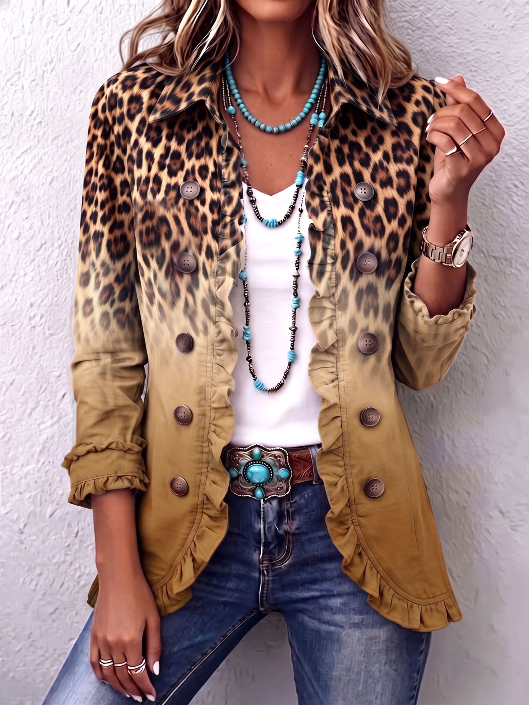 PAULE | BLAZER LEOPARDATO DEGRADÉ OCRA CON VOLANT