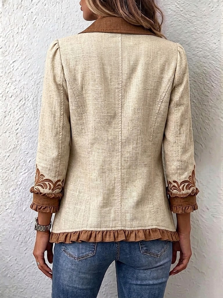 OCTAVIE | GIACCA BOHEMIAN A FIORI IN STILE VINTAGE NEI COLORI CAMMELLO E MARRONE, CON VOLANT