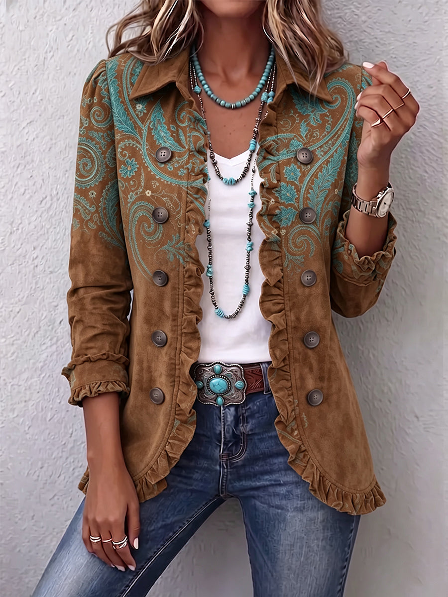 SÉVERINE | GIACCA PAISLEY MARRONE CON VOLANT
