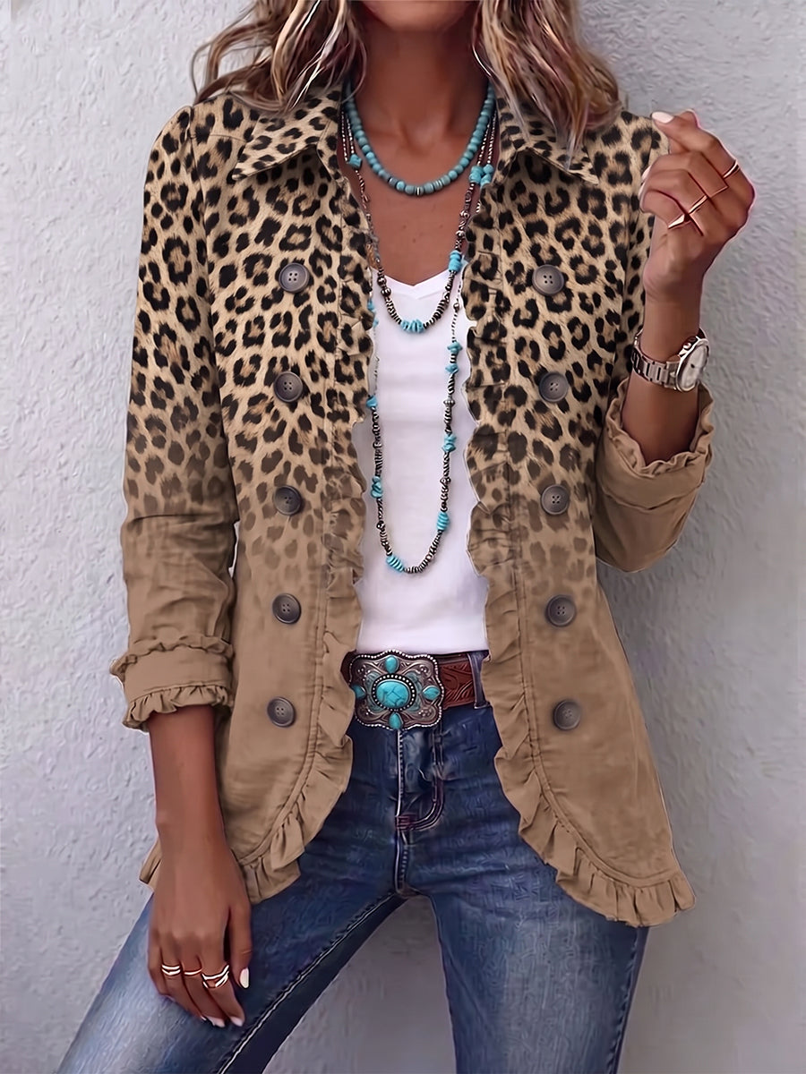 DONATIENNE | GIACCA LEOPARDATA VINTAGE DEGRADATA CAMMELLO CON VOLANT