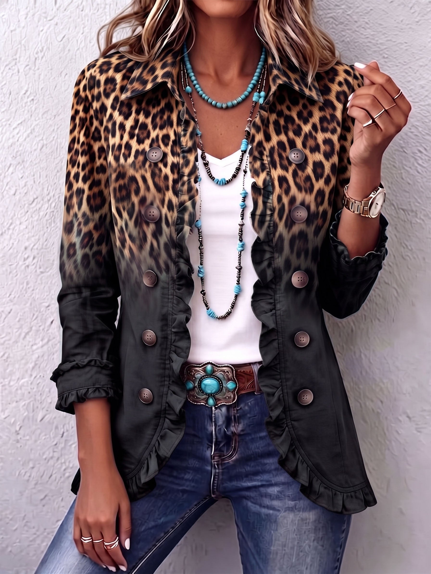 VALENTINE | BLAZER A STAMPA LEOPARDATA DEGRADÉ ANTRACITE CON VOLANT