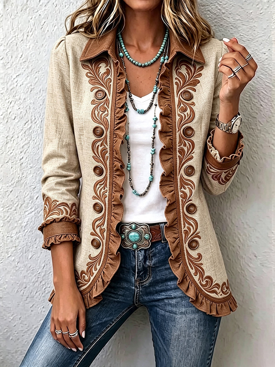 OCTAVIE | GIACCA BOHEMIAN A FIORI IN STILE VINTAGE NEI COLORI CAMMELLO E MARRONE, CON VOLANT