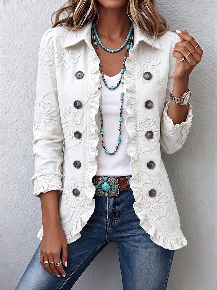 CAMILLE | GIACCA BOHO-CHIC RICAMATA CON FIORI AVORIO A FINITURE ARRICCIATE