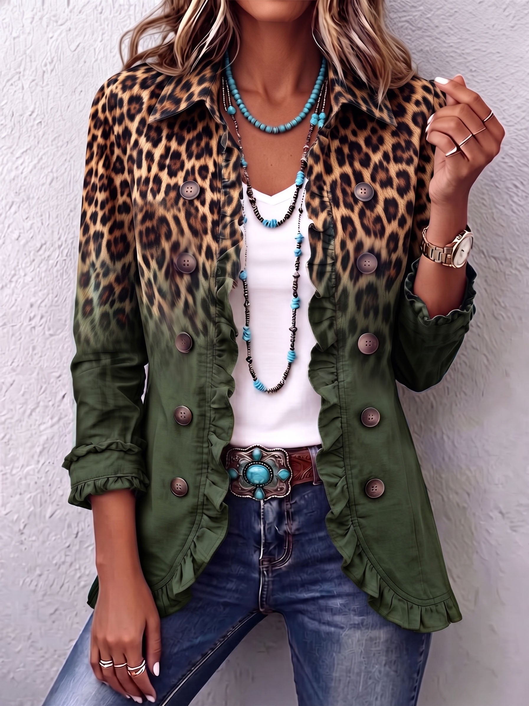 LOUISE | BLAZER LEOPARDATO SFUMATO VERDE OLIVA CON VOLANTI