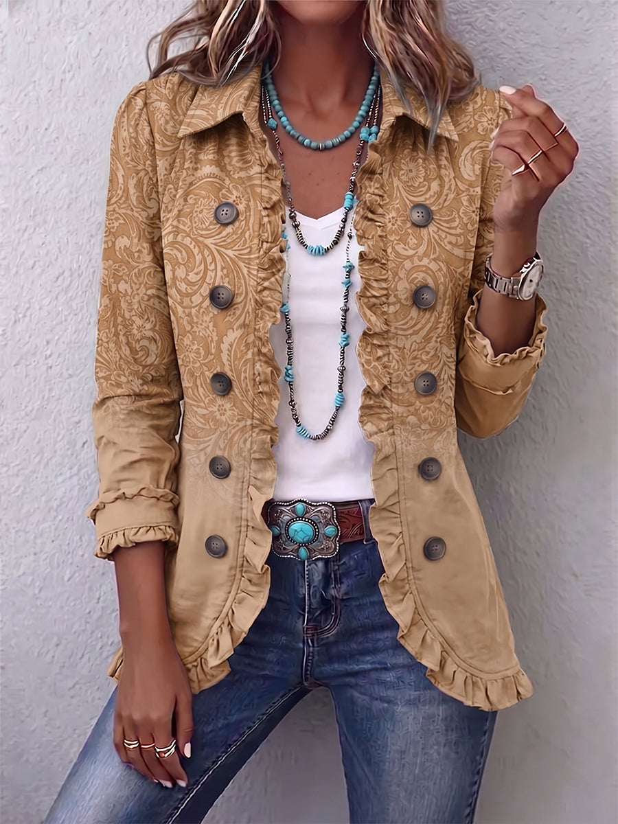 CLAIRE | GIACCA WESTERN STAMPATA KAKI CON VOLANTI