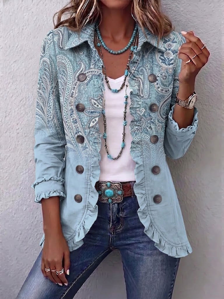 ÉMILIE | GIACCA PAISLEY VINTAGE CELESTE CON VOLANT