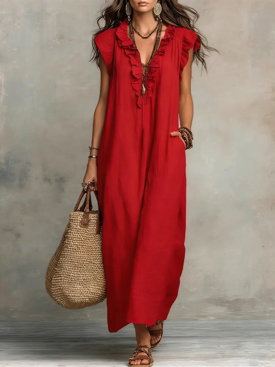 CAMELIA | VESTITO MAXI BOHÉMIEN CON SCOLLO A V