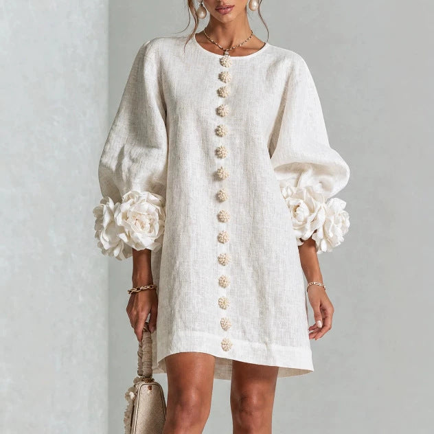 VESTITO FLOREALE CON MANICHE A PALLONCINO E GIROCOLLO