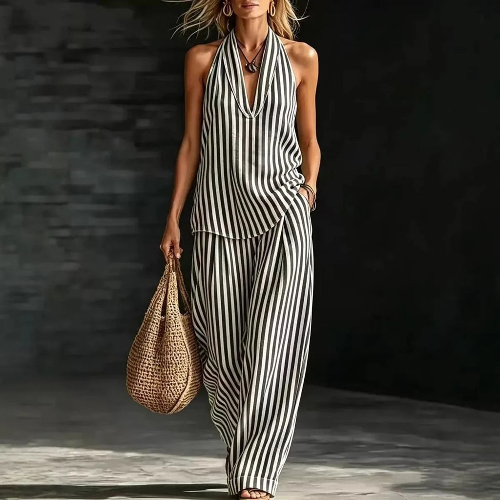 SOFIA | SET EFFETTO LINO CON TOP A HALTERNECK E PANTALONI LARGHI A RIGHE