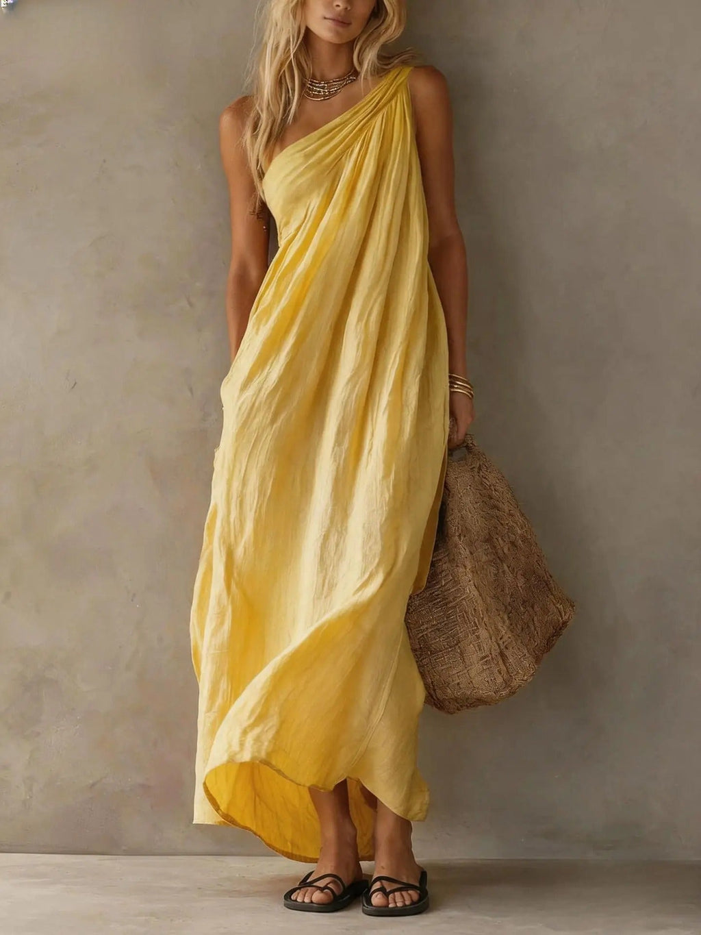 ADRIANA | VESTITO MAXI ASIMMETRICO EFFETTO LINO
