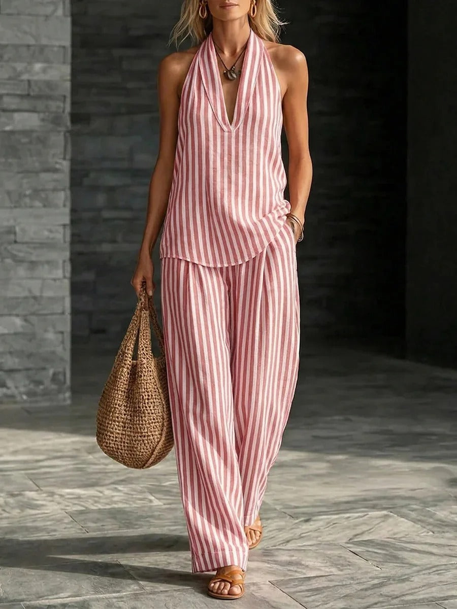 SOFIA | SET EFFETTO LINO CON TOP A HALTERNECK E PANTALONI LARGHI A RIGHE