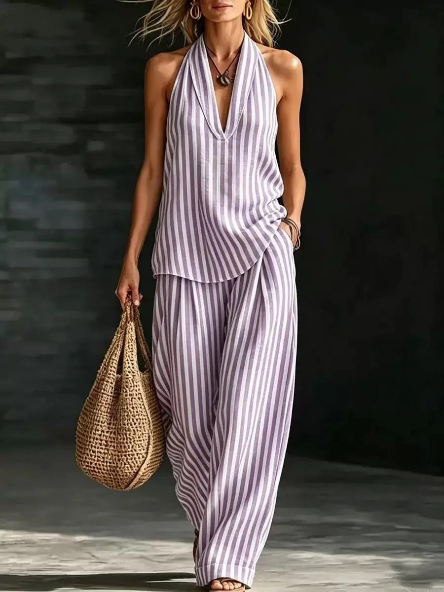 SOFIA | SET EFFETTO LINO CON TOP A HALTERNECK E PANTALONI LARGHI A RIGHE