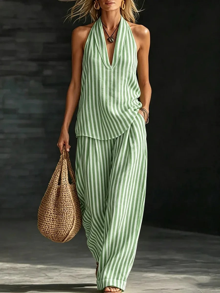 SOFIA | SET EFFETTO LINO CON TOP A HALTERNECK E PANTALONI LARGHI A RIGHE