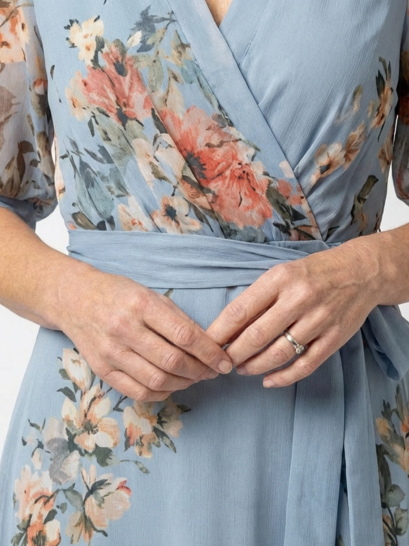 ELOWEN | FLORAL WRAP V NECK MAXI DRESS
