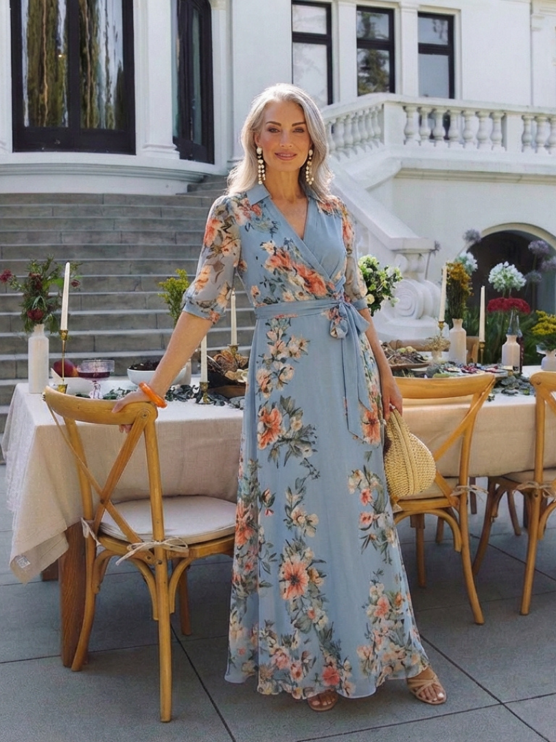 ELOWEN | FLORAL WRAP V NECK MAXI DRESS